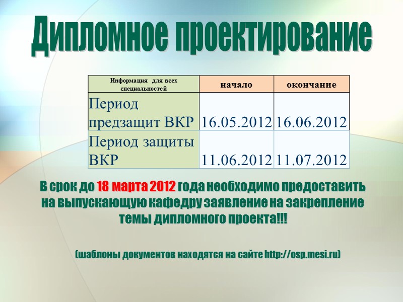 Дипломное проектирование В срок до 18 марта 2012 года необходимо предоставить  на выпускающую